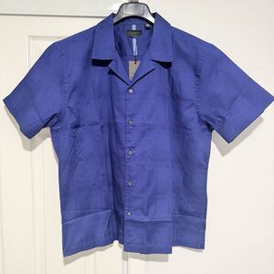 Ted Baker Camp Shirt Men’s Midnight Sail Textured Short Sleeve Button Down XL
